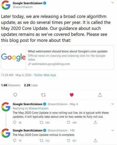 Google搜索2020年5月核心算法更新